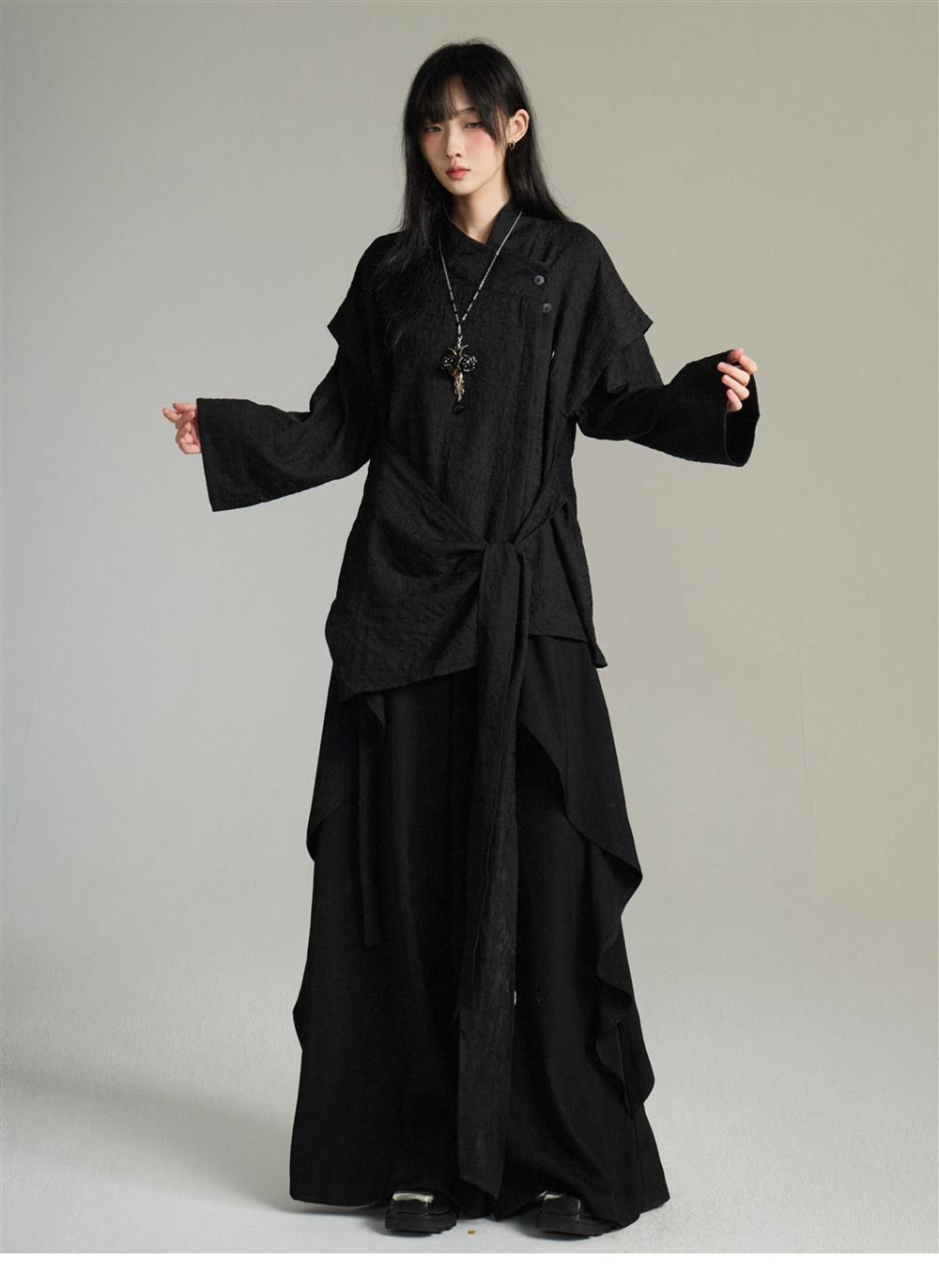 UMI MAO Irregular Lace Up Design Chinese Style Stand Up Collar Shirt Men Women Long Sleeved Shirt Fake Two-piece Top Y2K