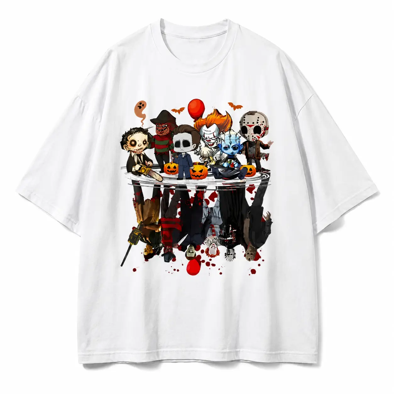 Horror Movie Characters Halloween Shirt - Freddy Jason Chucky Gothic Tee For Kids & Adults! Spooky Season Matching Family Tops Horror Movie Fans, Halloween Party Goers, Gothic Style Lovers Film Buffs Everyday Comfort,Chibi Horror Movie Characters Water Re