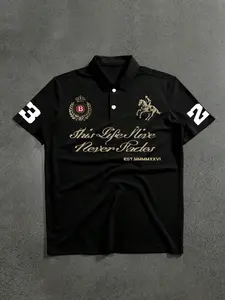 Men’s Crest Graphic Polo Shirt, Black Short Sleeve Button Collar Top with Equestrian and Script Letter Print for High Street, Y2K Streetwear, Weekend and Daily Outfits