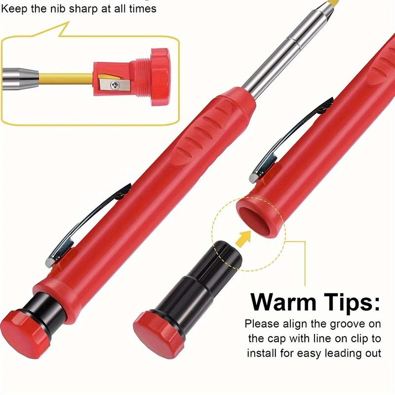 Mechanical Pencil with Refill & Sharpener, 1 Count Professional Engineering Woodworking Pen with 2 Boxes Refills, Quick Dry Marker Pen for Deep Hole Mechanical Pencil, Specialty Pen