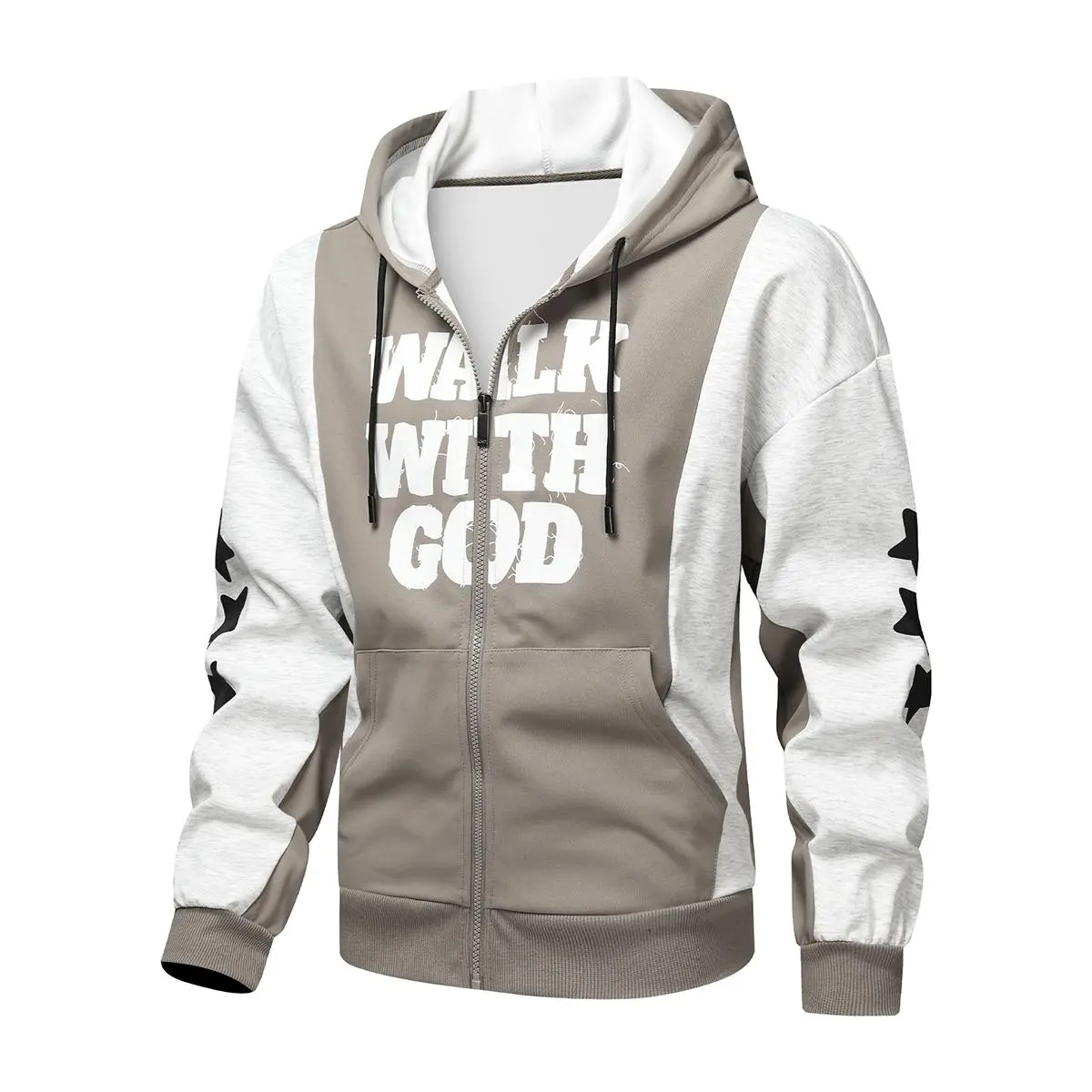 Men's Khaki-White Color Block Zip-Up Long Sleeve Hoodie - Menswear Tops, Letter Print Drawstring, Kangaroo Pocket, Urban Loose-Fit Lightweight Casual Streetwear Outerwear for Spring Autumn Daily Wear