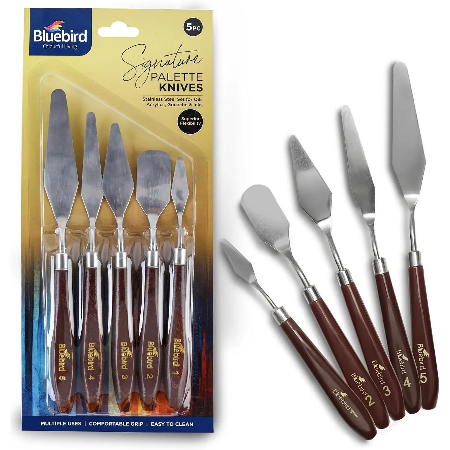 Stainless Steel Signature 5-Piece Palette Knife Art Tools Set - Color Mixing for Oil, Canvas Painting & Modelling Paste