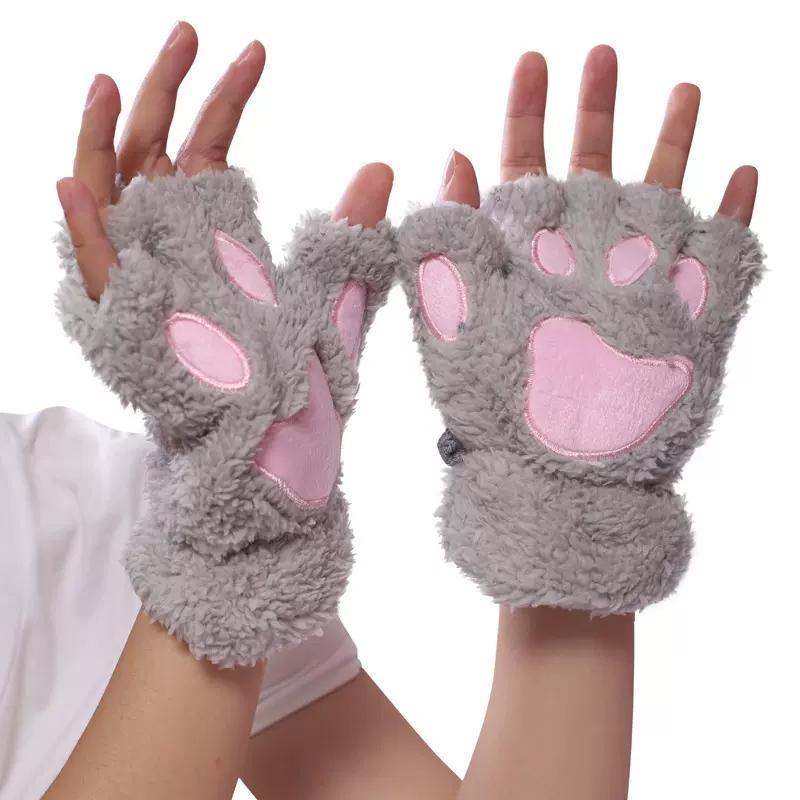 Cartoon Cute Cat Claw Paw Gloves Women Plush Mittens Warm Soft Plush Short Fingerless Fluffy Bear Cat Gloves Costume Half Finger