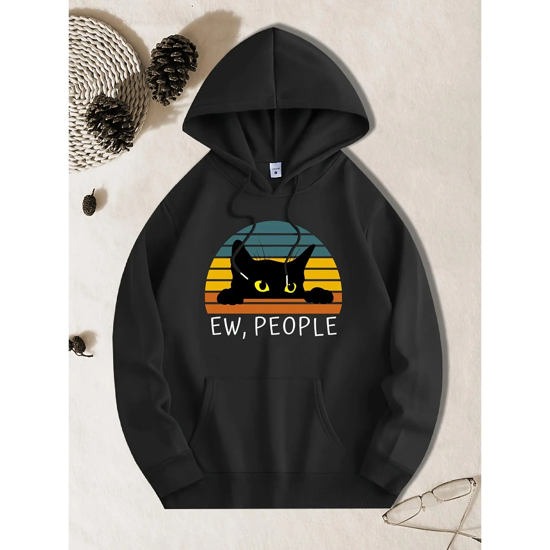 EW,PEOPLE Cat Print Casual Hooded Sweatshirt