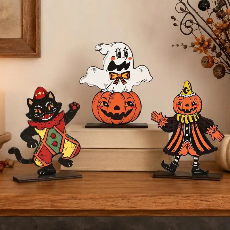Halloween Table Decorations Indoor: 3pcs Retro Smiling Black Cat Ghost Pumpkin Wood Plank Signs Set Table Centerpiece, Vintage Rustic Trick or Treat Tiered Tray Decor for Office Desk Home Kids, Fall Decor