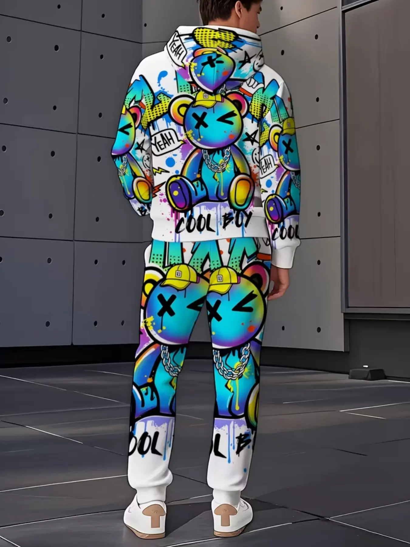 Trendy Hip-Hop Hoodie and Pants Set, Unique Graffiti Bear Print, Casual Sportswear, Comfortable Daily, Fashionable Streetwear