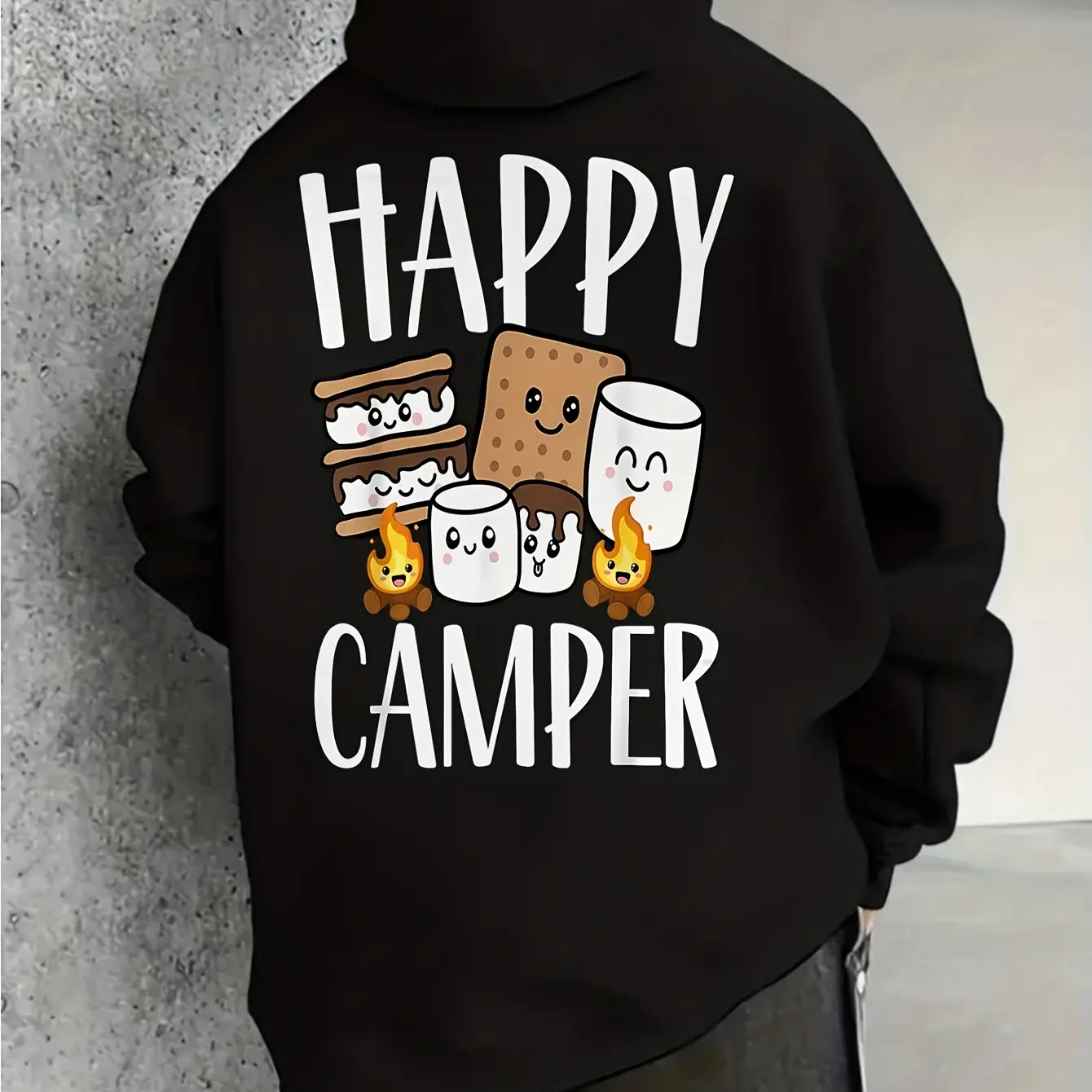 Happy Camper Men's & Women's Vintage Camping Hoodie - Black Cotton Blend Pullover with Campfire Marshmallow & S'mores Graphic, Kangaroo Pocket, Unisex Outdoor Sweatshirt for, Casual Wear & Cozy Nights
