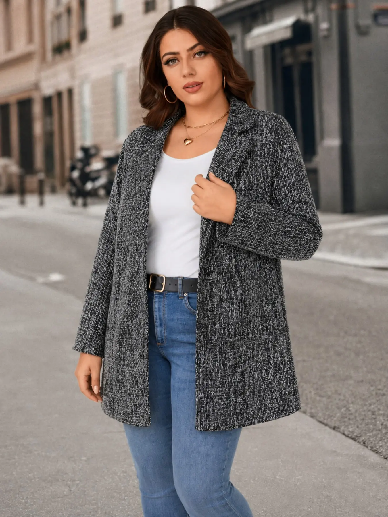 Women's Textured Longline Jacket, Slim-Fit Open Front Overcoat, Elegant Solid Pattern, Fall Winter Spring Fashion