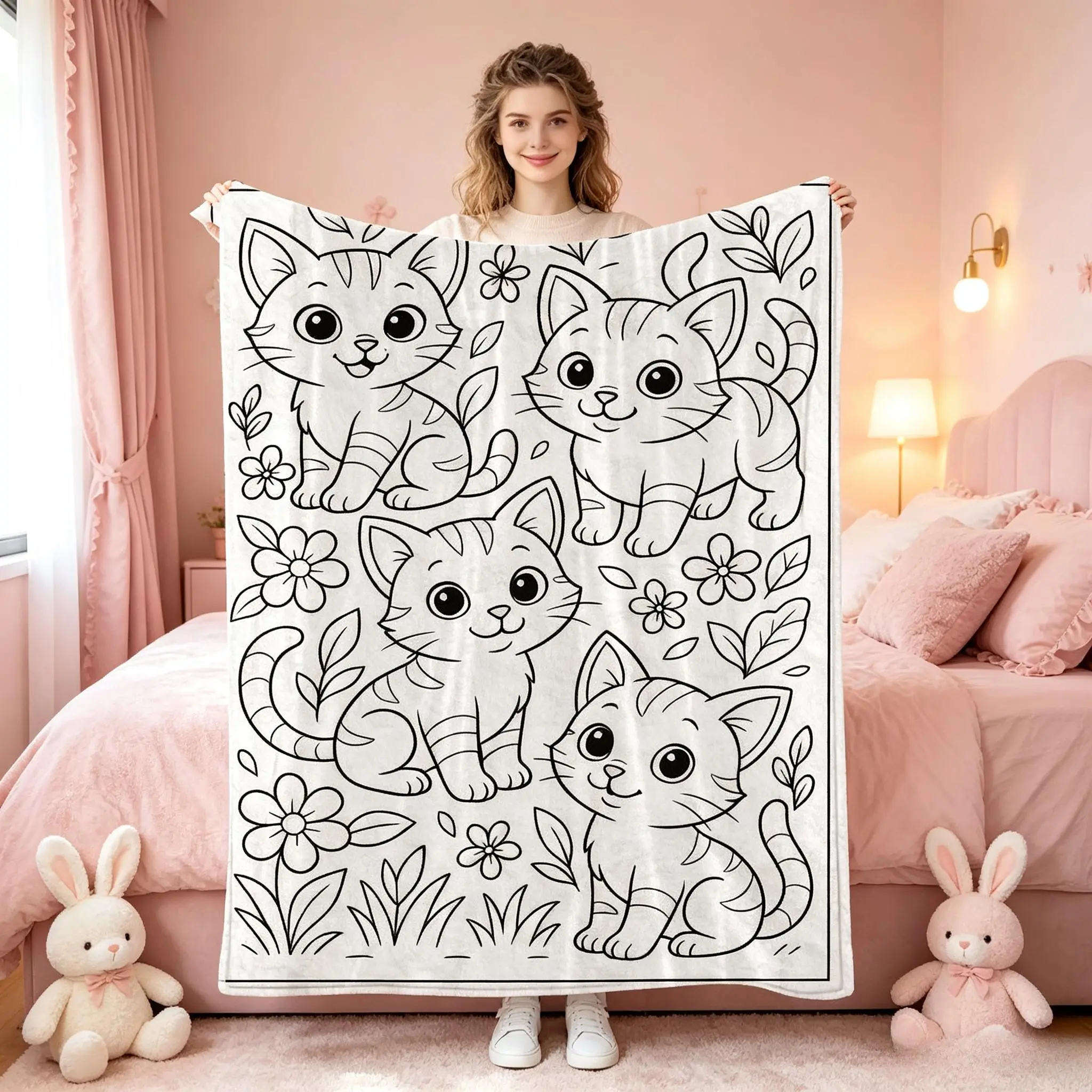 Thick Flannel Throw Blanket, Cute Kitten Floral Coloring Page Line Art Blanket, Soft Cozy Cover For Sofa Bed Travel Camping, DIY Coloring Decor Gift For Birthday Christmas Thanksgiving TikTok Viral Amazon Must Have