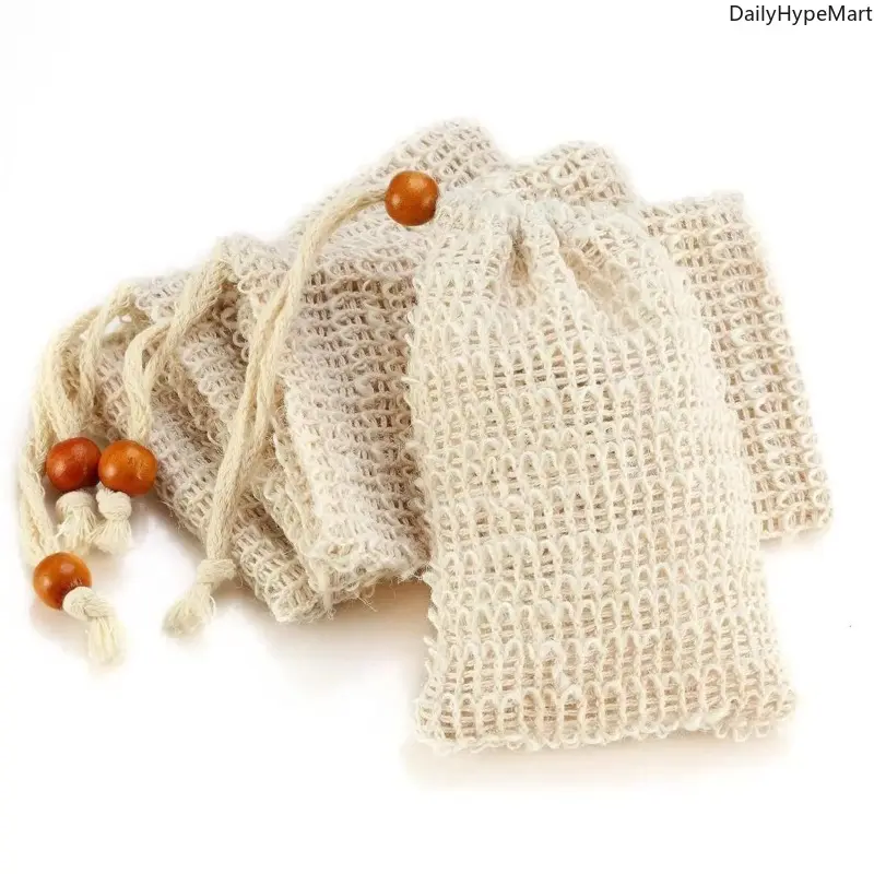4 Pack Natural Sisal Soap Bags, Woven Drawstring Pouches for Shower, Eco-Friendly Exfoliating Soap Saver Bath Accessories