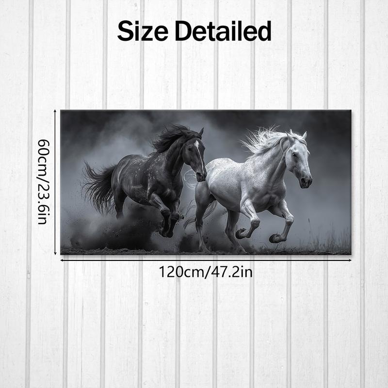 2D Flat Single Piece Wooden Frame Canvas Painting, Depicting a Black and White Horse Running in the Dust.This Exquisite Poster Can Be Used as Home Decoration and Wall Art, Suitable for Living Room, Bedroom, Office, Dining Room