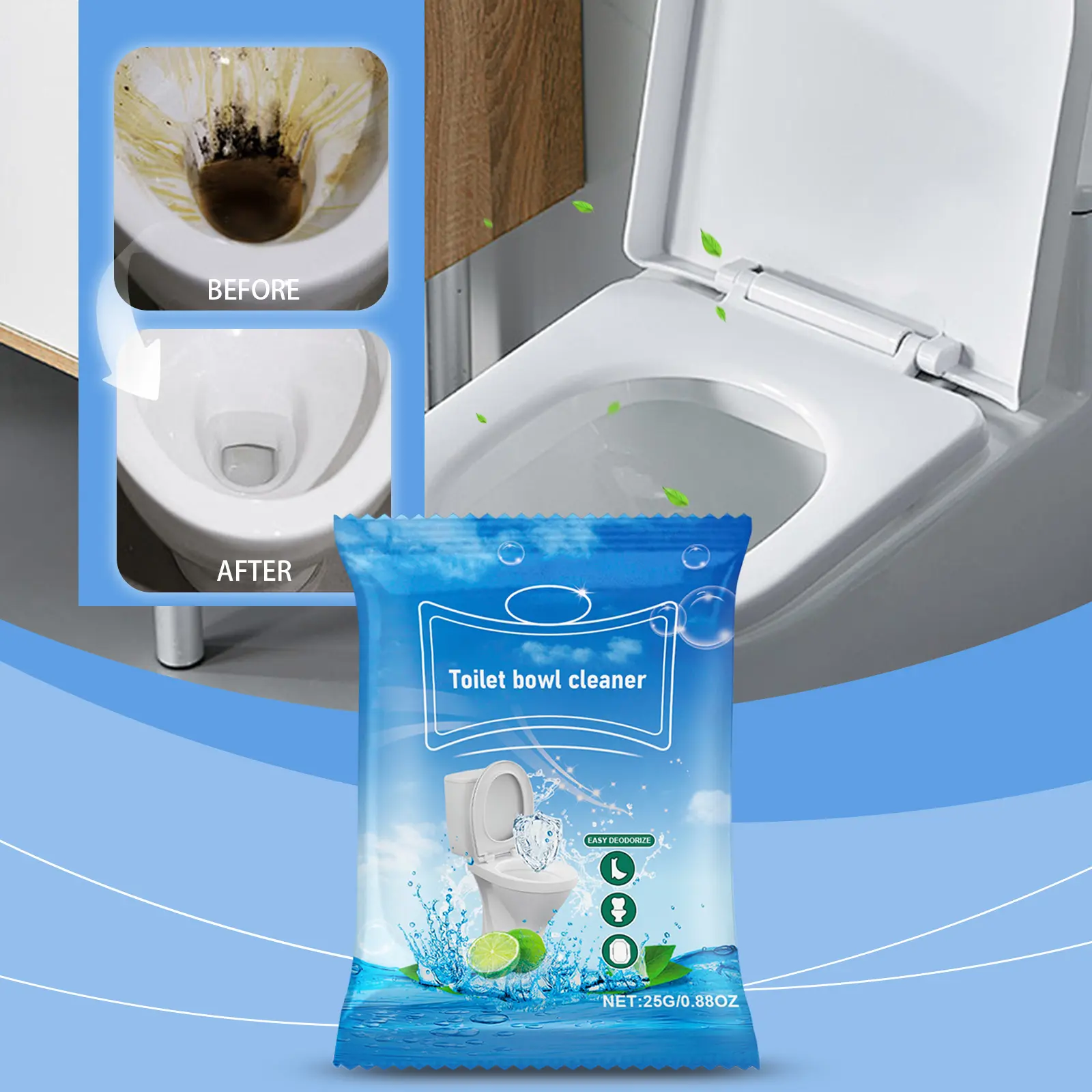 Bicarb-Citrate Toilet Bowl Cleaner Effervescent Powder - Foaming Action, Stain Lifting, Urine Scale Removal, Scientific Descaling, Enamel Protection, Hand-Safe, Eco-Friendly, Deodorizing, Powerful Pipe Dredging for Bathroom Household Maintenance