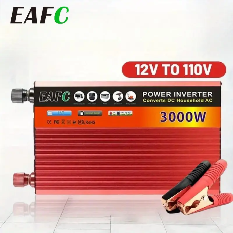 EAFC Heavy Duty 3000W Peak/1500W Continuous Portable Power Inverter - 12V DC to 110V-130V AC Converter, Aluminum Build, LED Display, Hard Wiring, Pure Sinewave Outlet, Overload/Short Circuit Protection - 200W & Above, for RV Users, No Battery Needed
