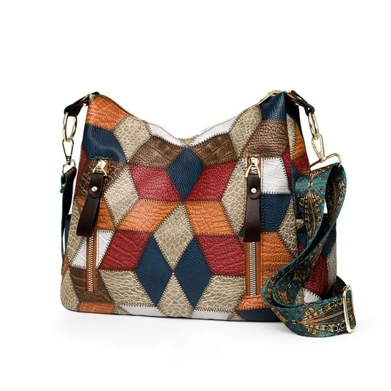 Women's color-block faux leather crossbody bag featuring an elegant bohemian style; a spacious, multifunctional, multi-zippered bag suitable for work, daily commuting, travel, or use as a diaper bag