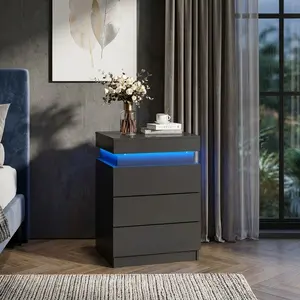 Black Modern WPC Nightstand with Remote LED Lights, Built-in Charging Station, Sliding Hidden Top Storage & 3 Smooth Drawers, Space Saving Bedside End Side Table for Bedroom Living Room Nordic European Home Decor