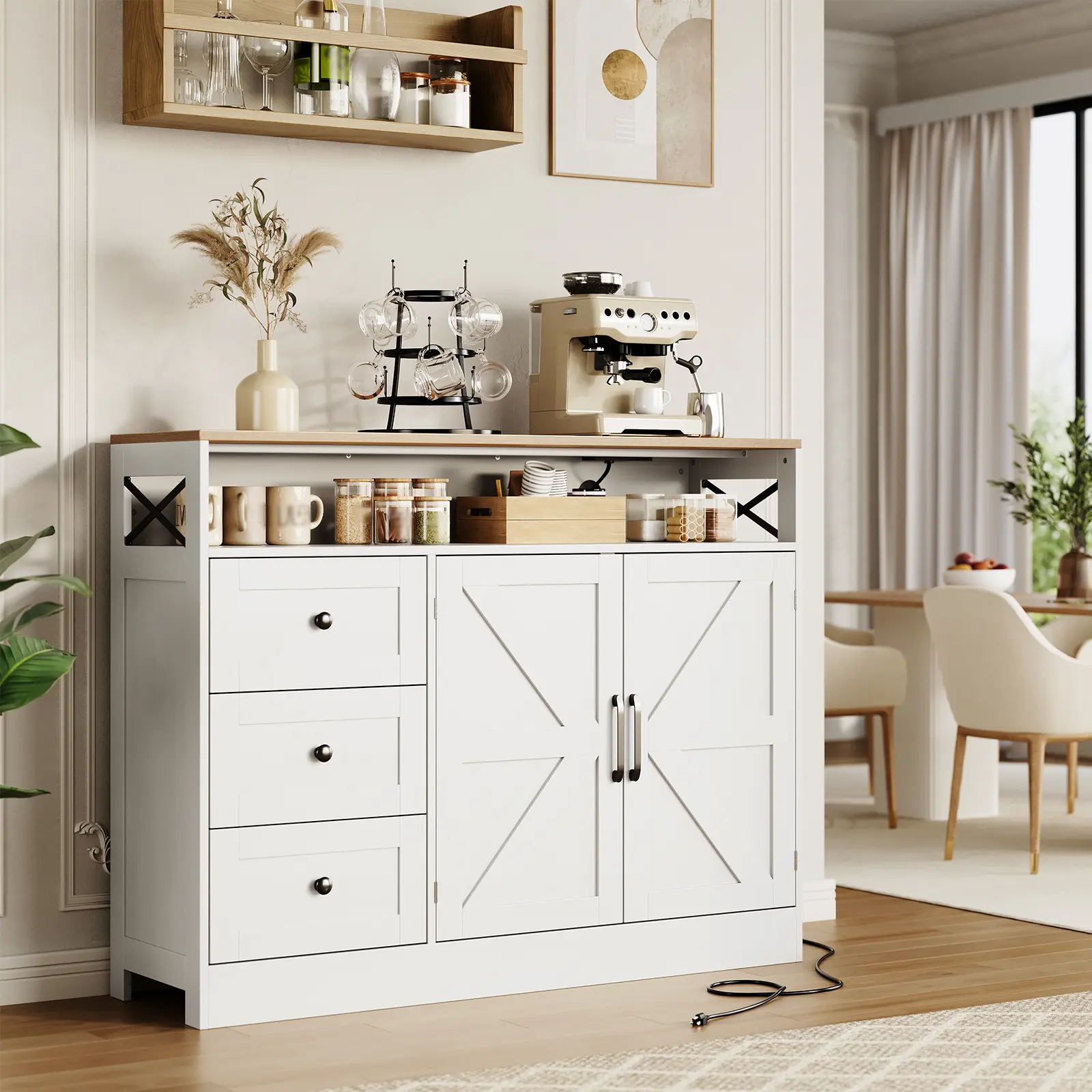 47" Antique Black Storage Cabinet with 2 Doors & 3 Drawers, Farmhouse Sideboard Buffet Cabinet with Adjustable Shelf & Built-in Power Outlet, Buffet Cabinet with Shelves and Doors Power Outlets for Living Kitchen Dining Room