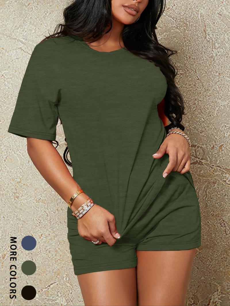 Two-piece Set Women's Solid Color Tee & Shorts, Minimalist Basic Casual Round Neck Short Sleeve T-shirt & Shorts for Summer, Casual Fashion Set, Ladies Clothes for Daily Wear, Shortsleeve Womenswear