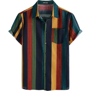 PARKLEES Men's Cotton Linen Vintage Pattern Printed Old Style Shirt Casual Short Sleeve Button Down Retro Shirts
