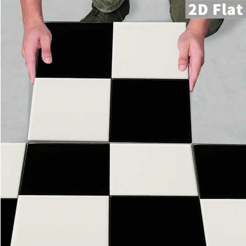 2D Flat, 10pcs PVC Leather Floor Tiles - Classic Black And White Color Scheme Design - Suitable High-End Interior Decoration, Self-Adhesive Removable Design, Suitable for Kitchen, Art Living Room Decoration
