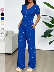 Women's Summer Pajama Set, Sleeveless Button-Up Top with Heart Print Pants, Casual Soft Home Sleepwear, 2-Piece Lounge