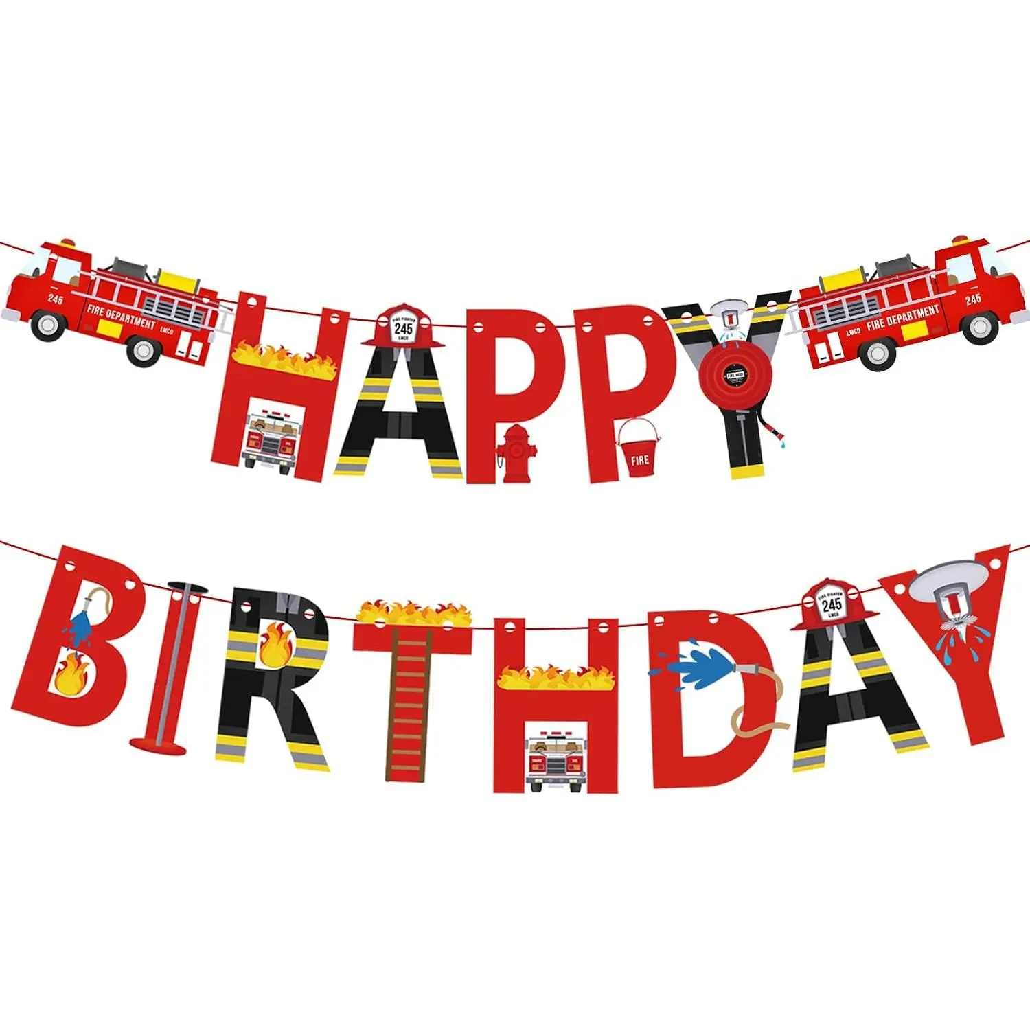 Fire  Happy Birthday Banner For  and Adult | Firefighter Fire Engine Rescue Birthday  Sign, Fire  Birthday  Supplies For Boys and Girls Red