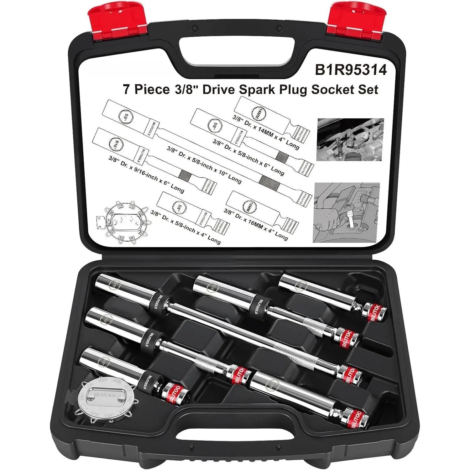 7 count  Swivel Spark Plug Socket Set & Gap Tool, 3/8" Drive | 9/16,5/8,14,16mm  Swivel Sockets in 6 & 12-Point, Plus Gap Tool & Case — CR-V Steel, Rust-Resistant