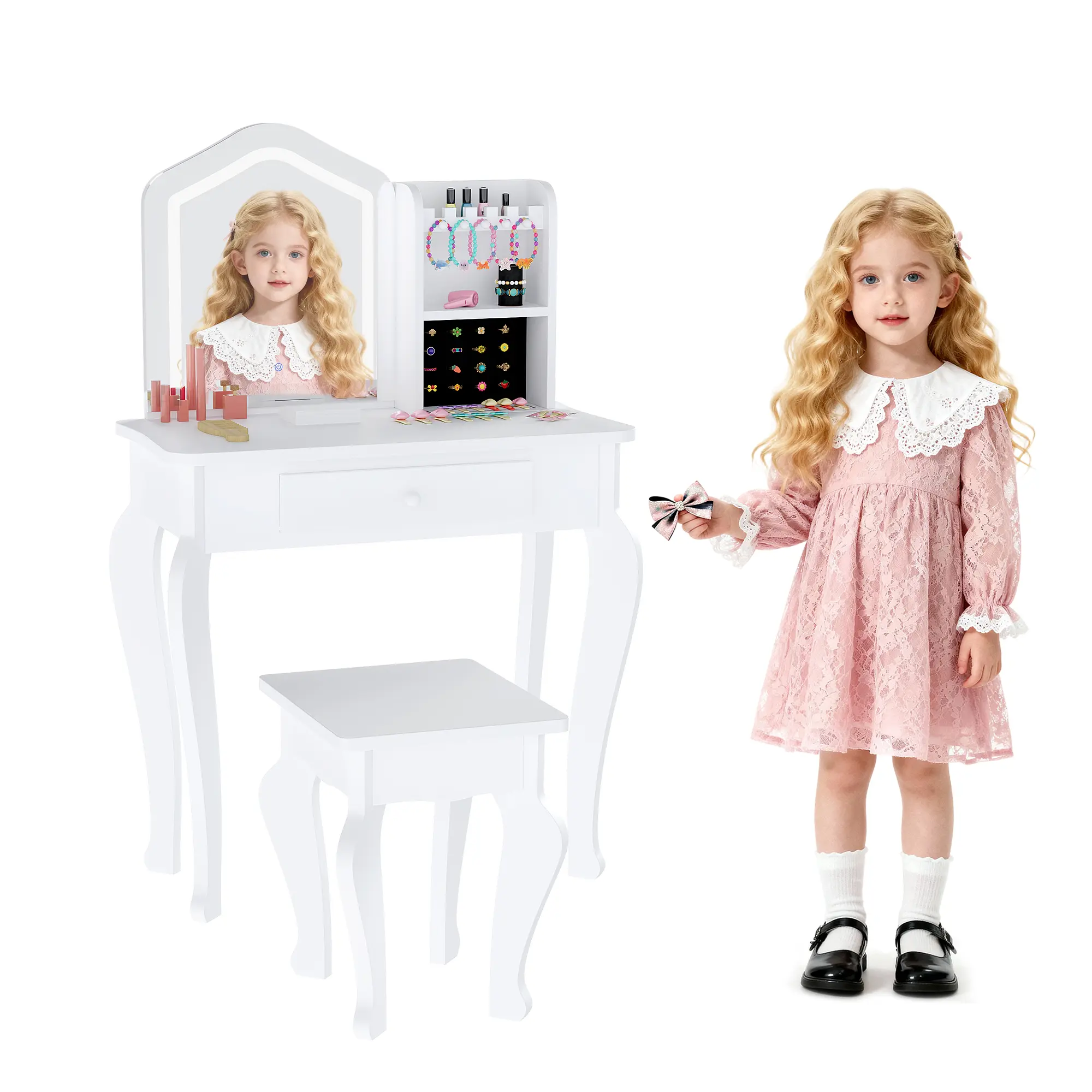 Garvee Wooden Kids Vanity Set with LED Lighted Mirror & Chair – Princess Toddler Makeup Dressing Table, Storage Drawer, Pink / White