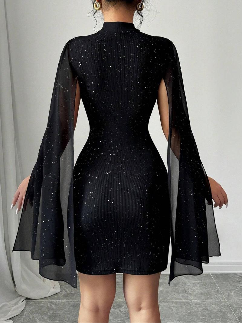 Sexy Mini Bodycon Dress, Shawl Mesh Design, Cape Sleeves, Sparkling Sequins, Trendy Party Gown, Spring & Fall Valentine's Day