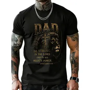 Menswear Crewneck Vintage Christian Fatherhood T-Shirt, Men's Short-Sleeve Top With Lion & Cross Graphic