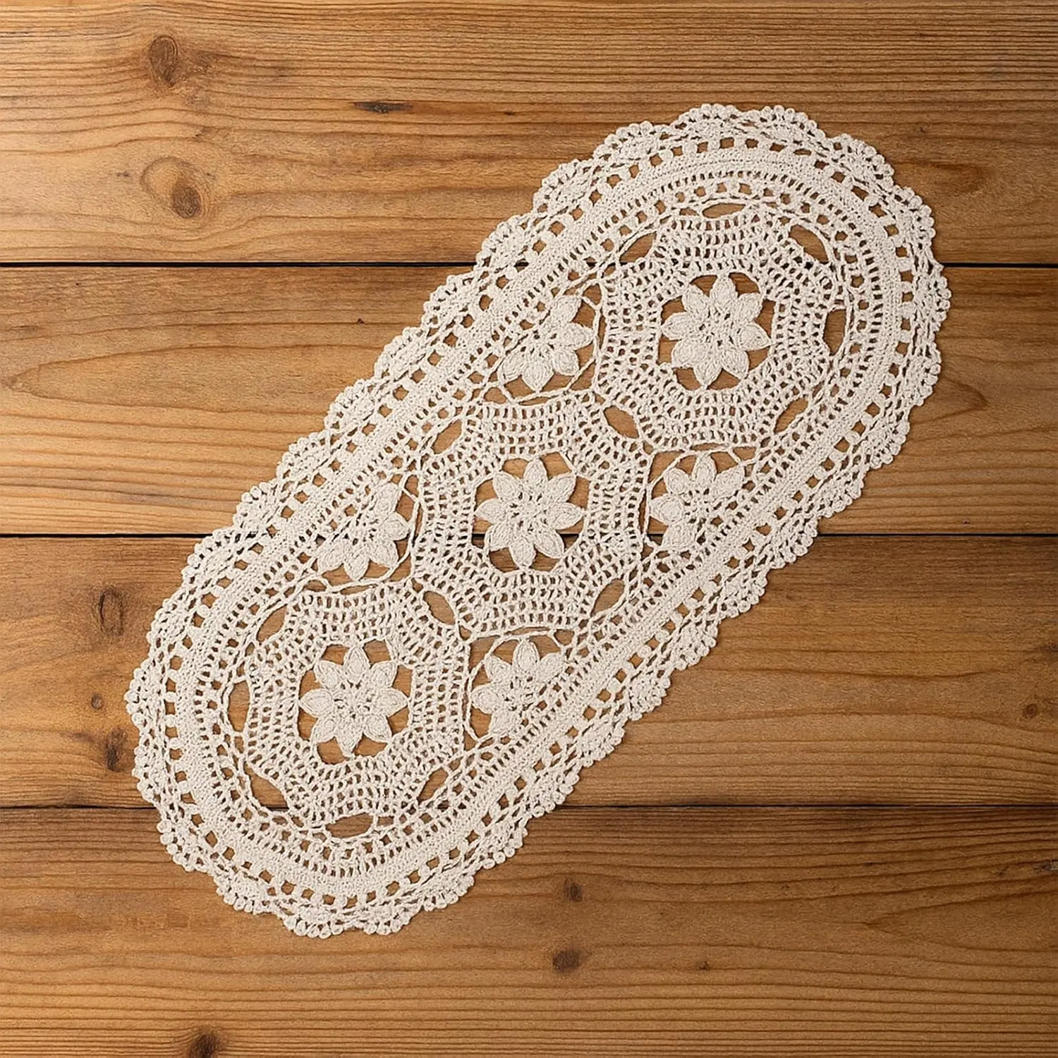 Oval Cotton Crochet Lace Table Runner Handmade Floral Doilies Dresser Scarf Decor - Beige Oval 12x24 Inch, Crochet Placemats Furniture Cloth Cover for Home Decoration