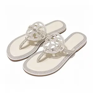 Women's Hollow Rhinestone T-Strap Flat Flip Flops, White Crystal Border Slip On Thong Sandals, Lightweight Comfort Summer Beach Casual Dress Walking Sandals for Daily Vacation White Rhinestone Hollow Circle Women T-Strap Thong Flip Flops,