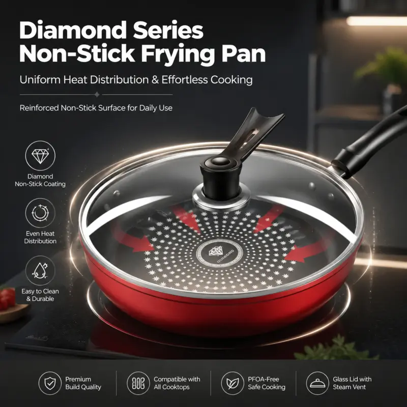 Diamond Series Non-Stick Frying Pan with Glass Lid, Even Heat Distribution, PFOA-Free Coating, Compatible with All Stovetops, Durable & Easy to Clean, Ideal for Daily Cooking