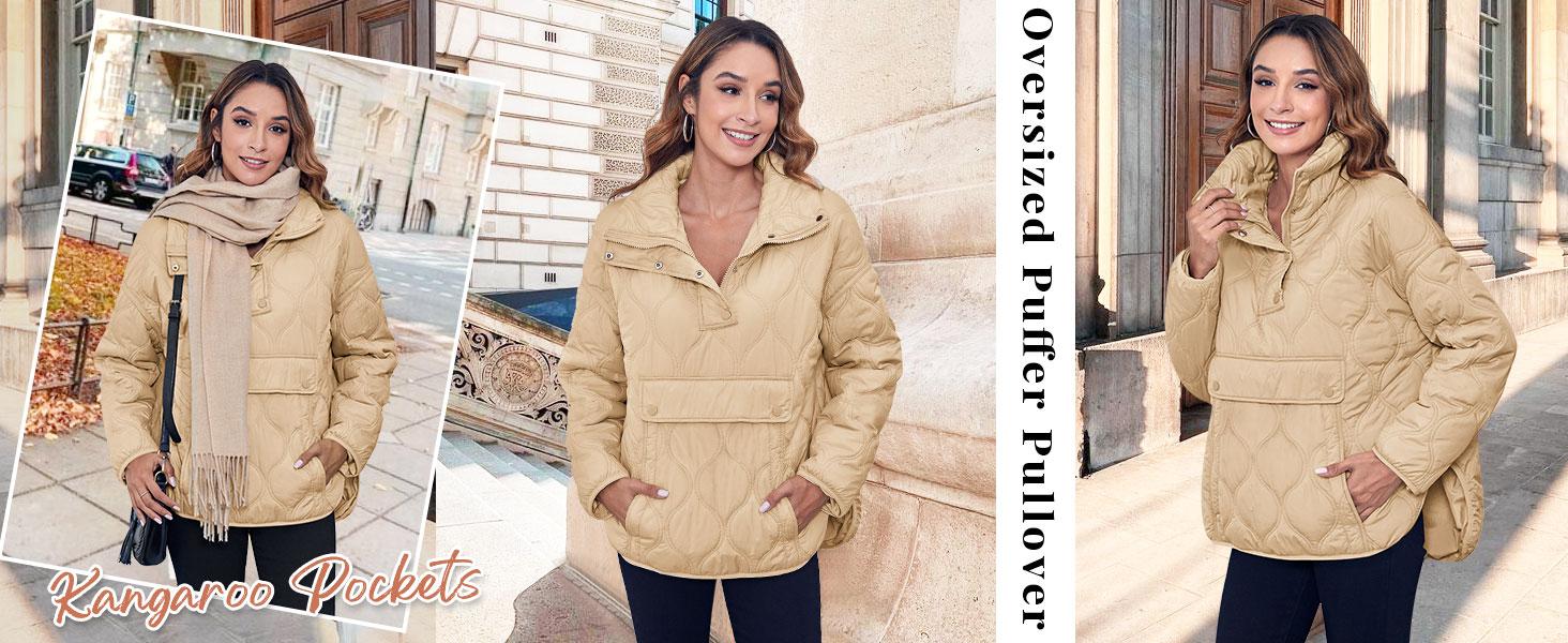 FMEYOA Womens Puffer Jackets Pullover Quilted Lightweight Jacket Long Sleeve Half Zip Up Coat with Pocket S-2XL