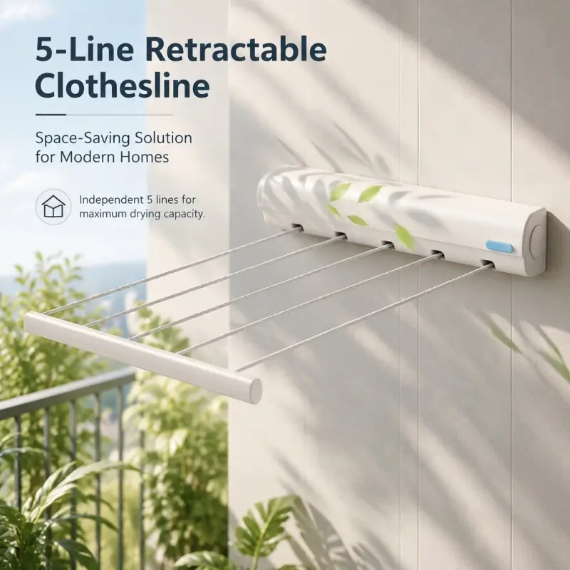 5-Line Wall Mount Retractable Clothesline, Space Saving Pull Out Indoor Outdoor Laundry Drying Rack, Laundry Hanging Rack for Balcony Bathroom Apartment, Laundry Racks For Drying Clothes