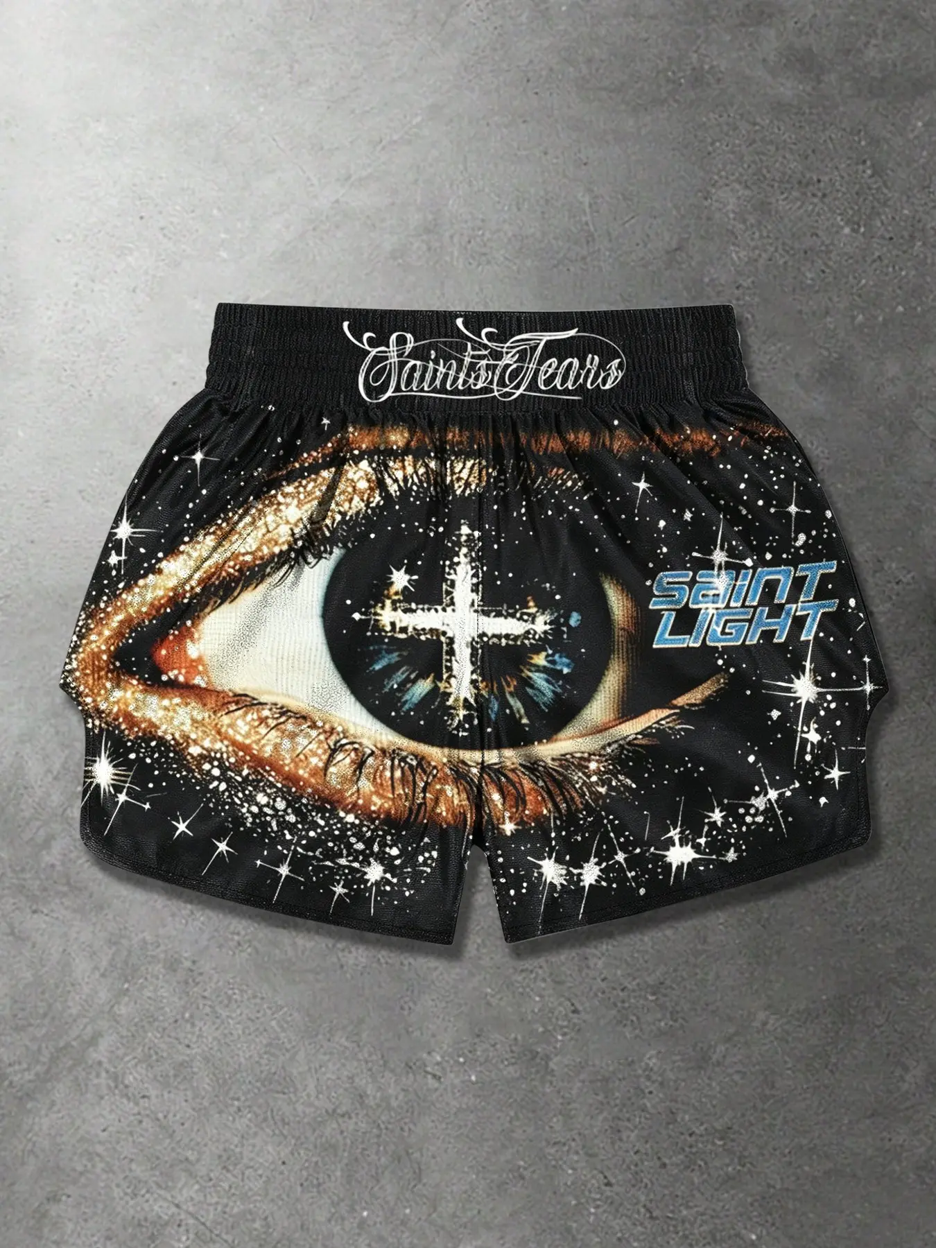 Star Evil Eye Cross Muay Thai Shorts, Dark Subculture Starry Eyeball Print Boxing Shorts, American High Street Unisex Streetwear Shorts, For Music Festival Outfits, Couple Matching, Summer Travel, Sports Training, Daily Casual, Holiday Gifts