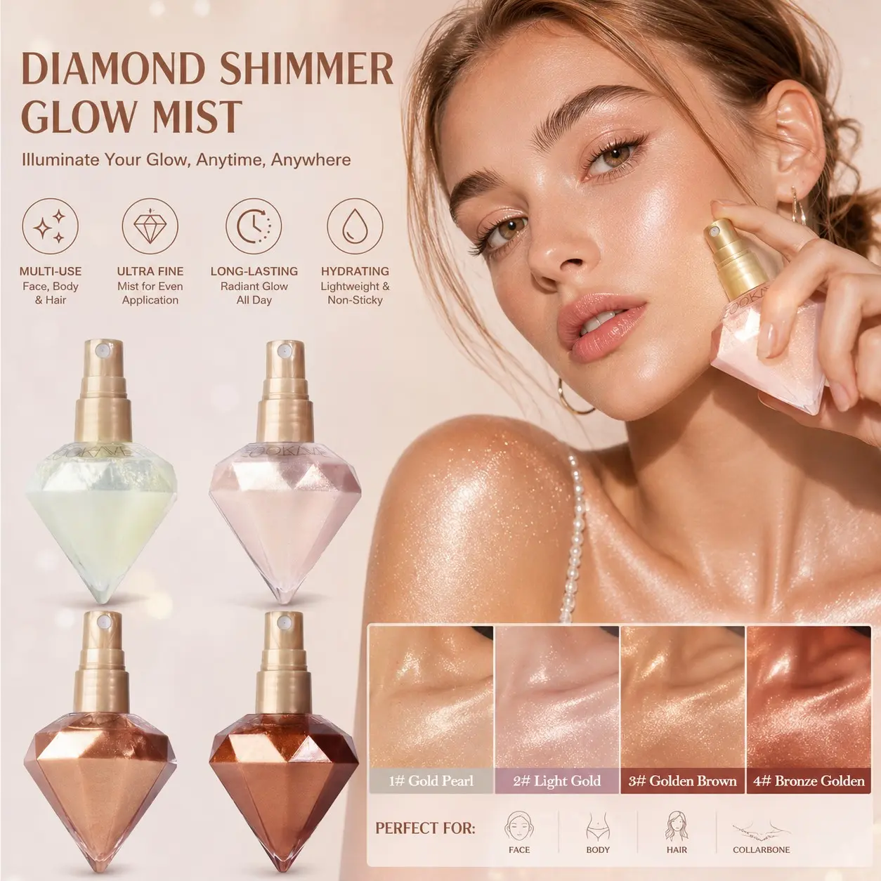 4 Diamond Highlight Sprays, Cosmetics Highlighter, suitable for face, legs, collarbone, and hair, multi-purpose, long-lasting shimmer, perfect for daily or party makeup