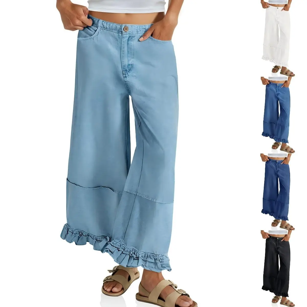 FMEYOA Womens Ruffle Wide Leg Jeans Cropped Elastic High Waisted Baggy Denim Pants with Pockets