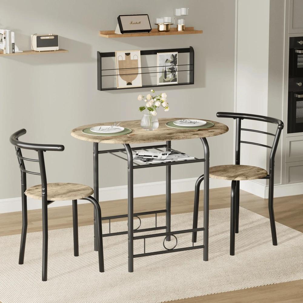 3-Piece Space-Saving Round Dining Set for 2, Kitchen Breakfast Nook Table & Chairs with Built-In Wine Rack, Wood Grain Tabletop & Metal Frame