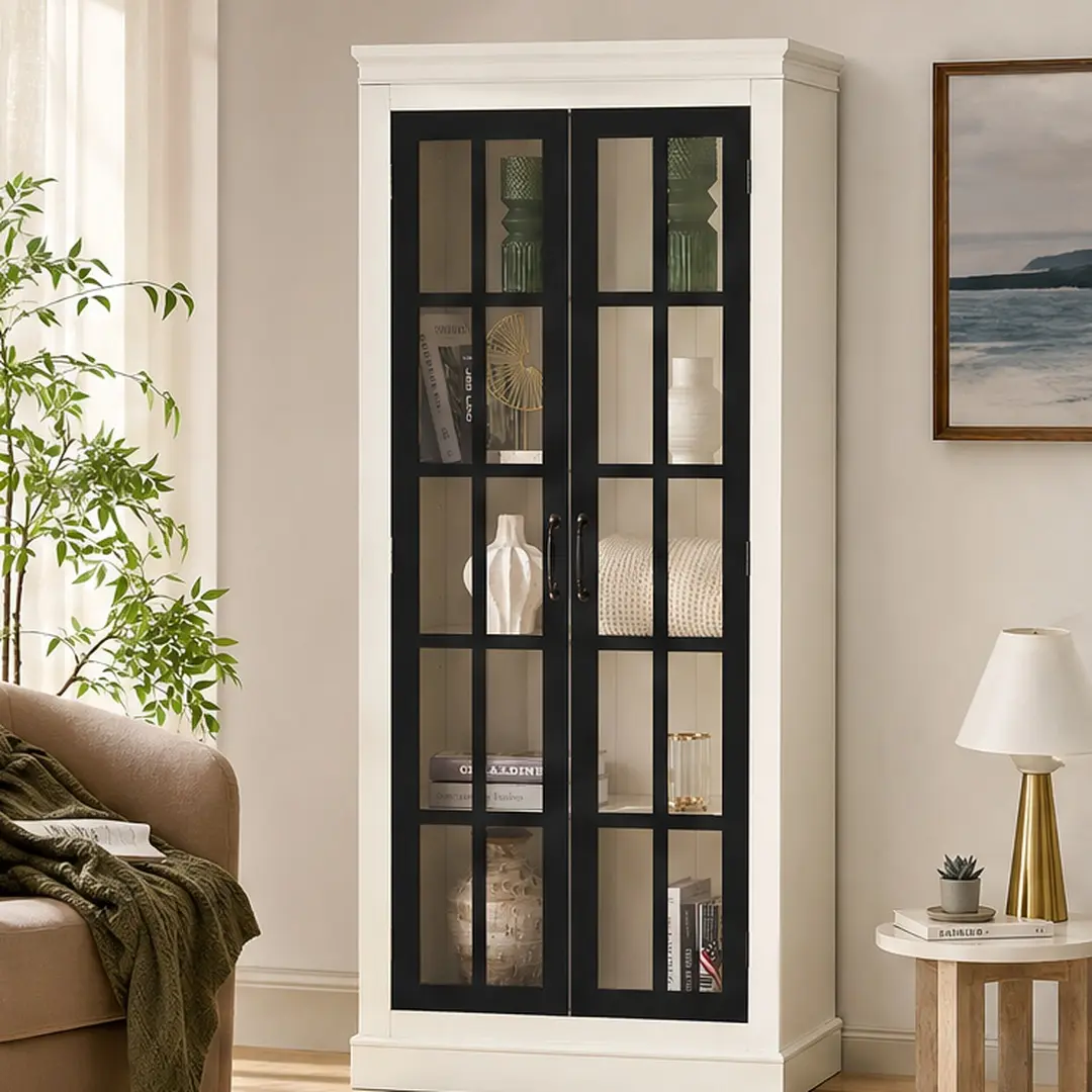 ARCH 71.2'' Freestanding Glass Door Pantry Cabinet, Farmhouse Style Display Cabinet with Lattice Window, Curio Cabinet for Living Room Hallway Kitchen Office, Bamboo MDF, Black/Cream White Options, Black/Cream White Color Options, Bamboo/MDF Material
