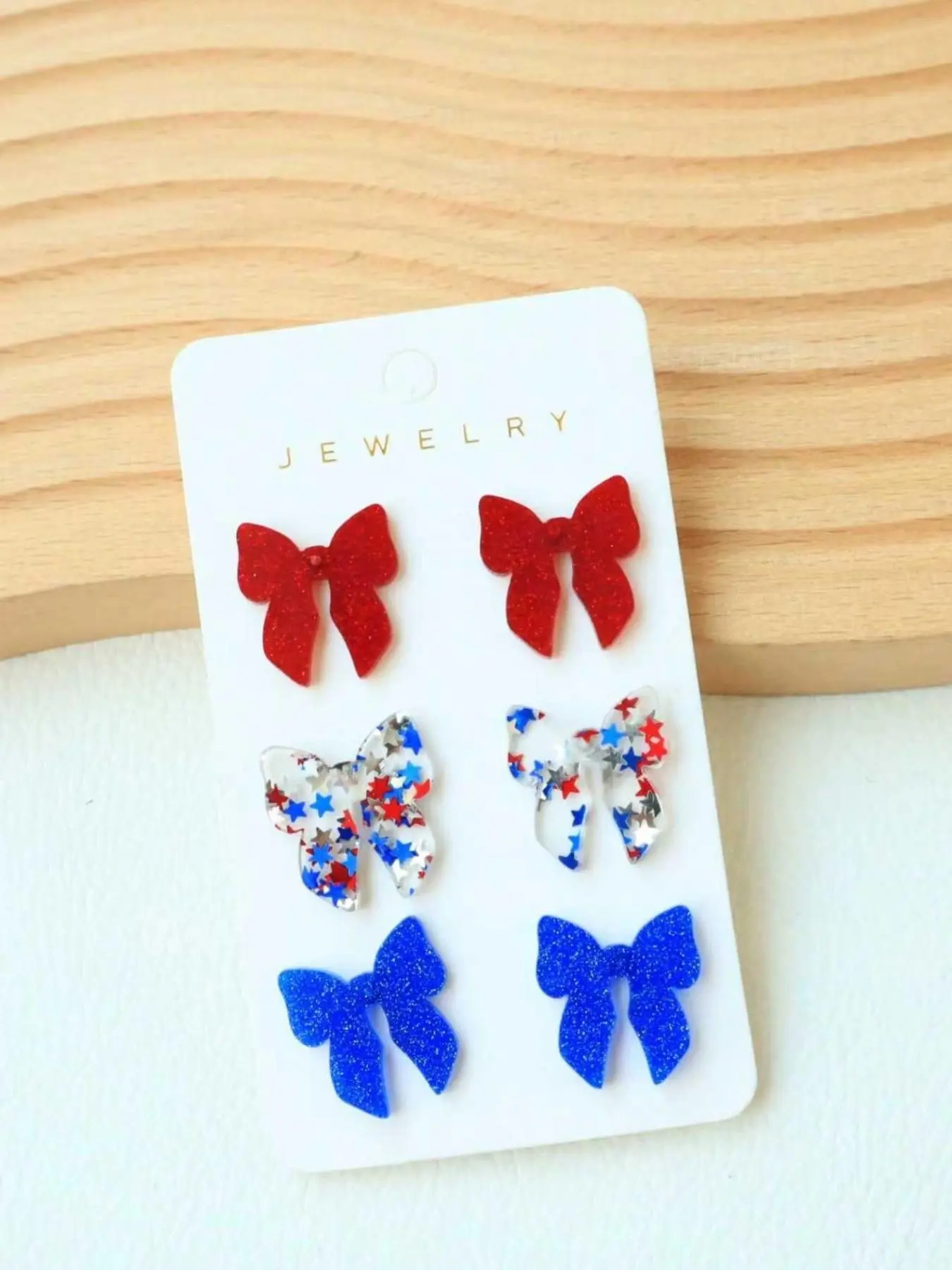3 Pairs Of Independent Day Red, Blue And White Bow Earrings, National Flag Color Cute Glitter Bling Earrings, Creative Gift For Women, Party Decoration