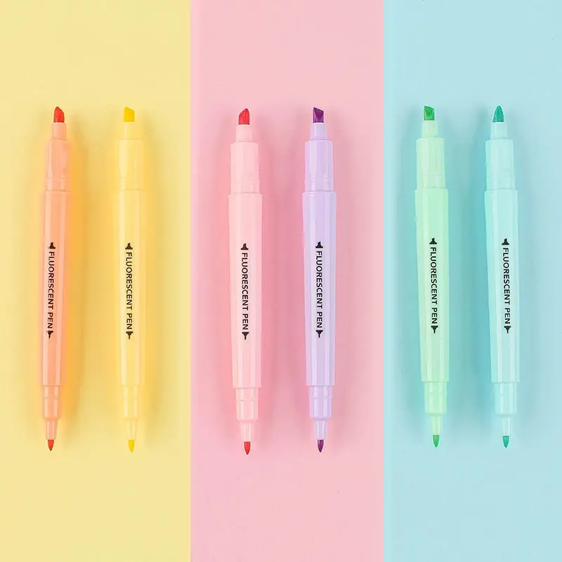 Simple Candy Fluorescent Highlighter 6 Colors Double-headed Marker Pen Highlighting and Dotting Marker Pen Doodle Annotations Office Learning Dual Tip Markers