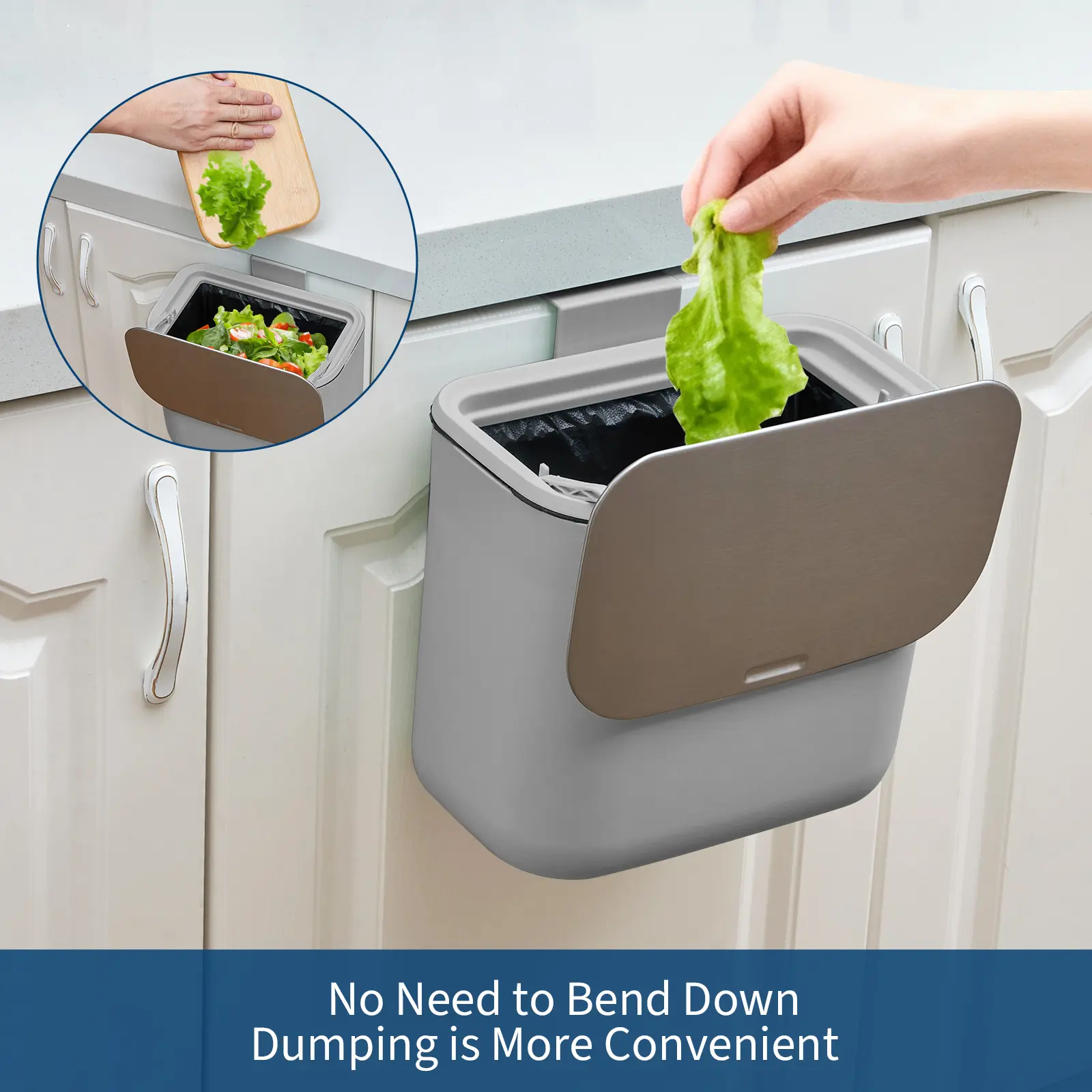 Odor-Proof Hanging Kitchen Compost Bin, 1.8/2.4 Gal Trash Can with Stainless Steel Lid, Space-Saving Design for Cabinet Door, Under Sink Use, Indoor Food Waste Recycling Mount Slide