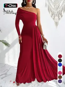 Aliling Women's Elegant Christmas Evening Dress, Asymmetrical One-Shoulder Maxi Gown, High-Waisted Ruched Long Dress, Formal Wear