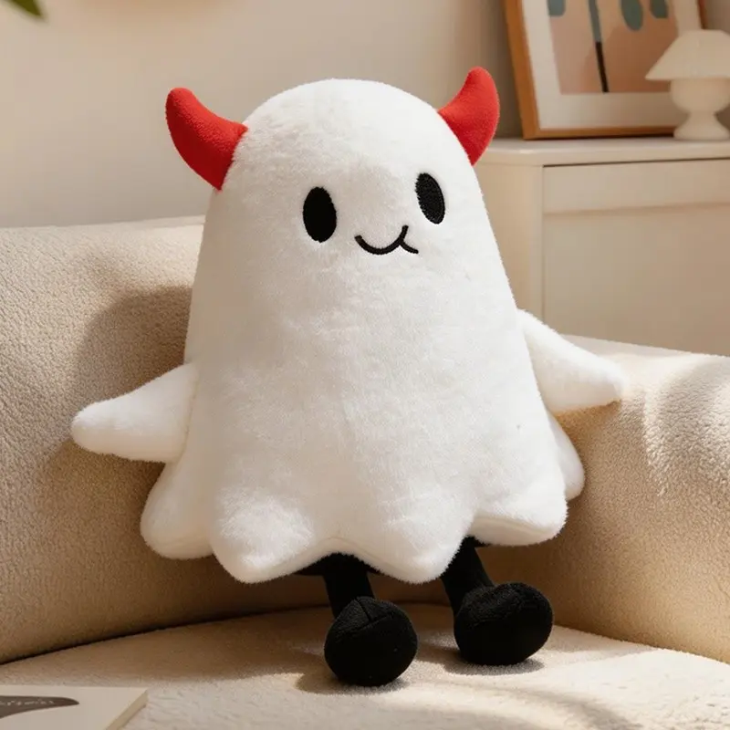 Cute Devil Ghost Plush Doll, Soft Ghost Stuffed Toy with Horns, Halloween Decor, Kawaii Gift for Kids Fans