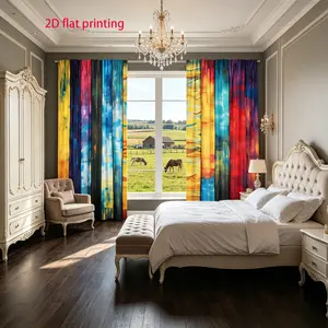 2D flat 2-piece set of colorful watercolor rainbow curtains, Curtain panels, abstract art design pole pocket style semi blackout polyester fabric Bohemian home decoration