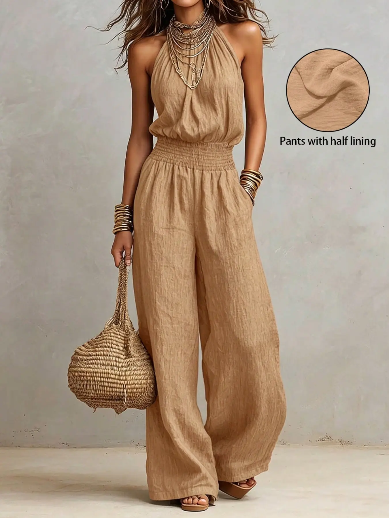 Women Solid Halter Sleeveless Wide Leg Jumpsuit, Smocked Waist Bohemian Boho Elegant One-Piece Outfit for Spring & Summer, Soft Comfort Casual Wear for Daily Commute, Dates, Gatherings, Parties, Vacations & Festivals, Halter Neck