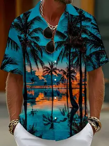 Men's Button-Down Hawaiian Short-Sleeve Shirt with Sunset, Coconut Grove, and Ocean View Print