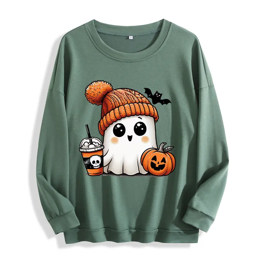 WAYII Women's Cozy Oversized Casual Loose Crewneck Sweatshirt - Lady's Fabric Pullover with Cute Ghost in Orange Beanie Holding Iced Coffee & Pumpkin Graphic for Fall Spooky Halloween Vibes, Pairable with Joggers
