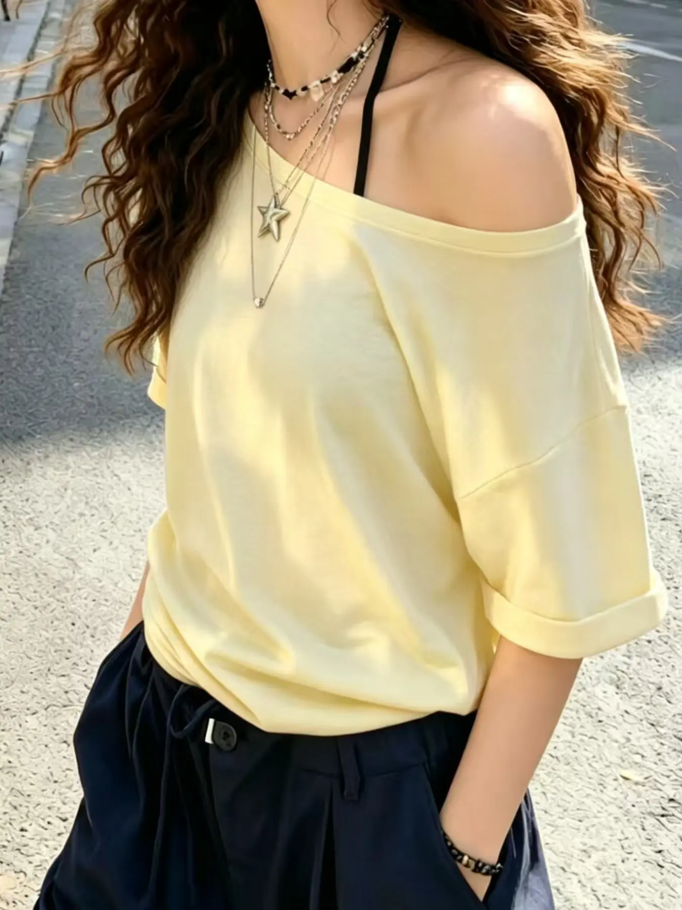 Solid Color Women's Loose Fit Short Sleeve Asymmetrical Shoulder T-Shirt, Comfortable Lightweight Fabric, Ideal for Casual Daily Wear