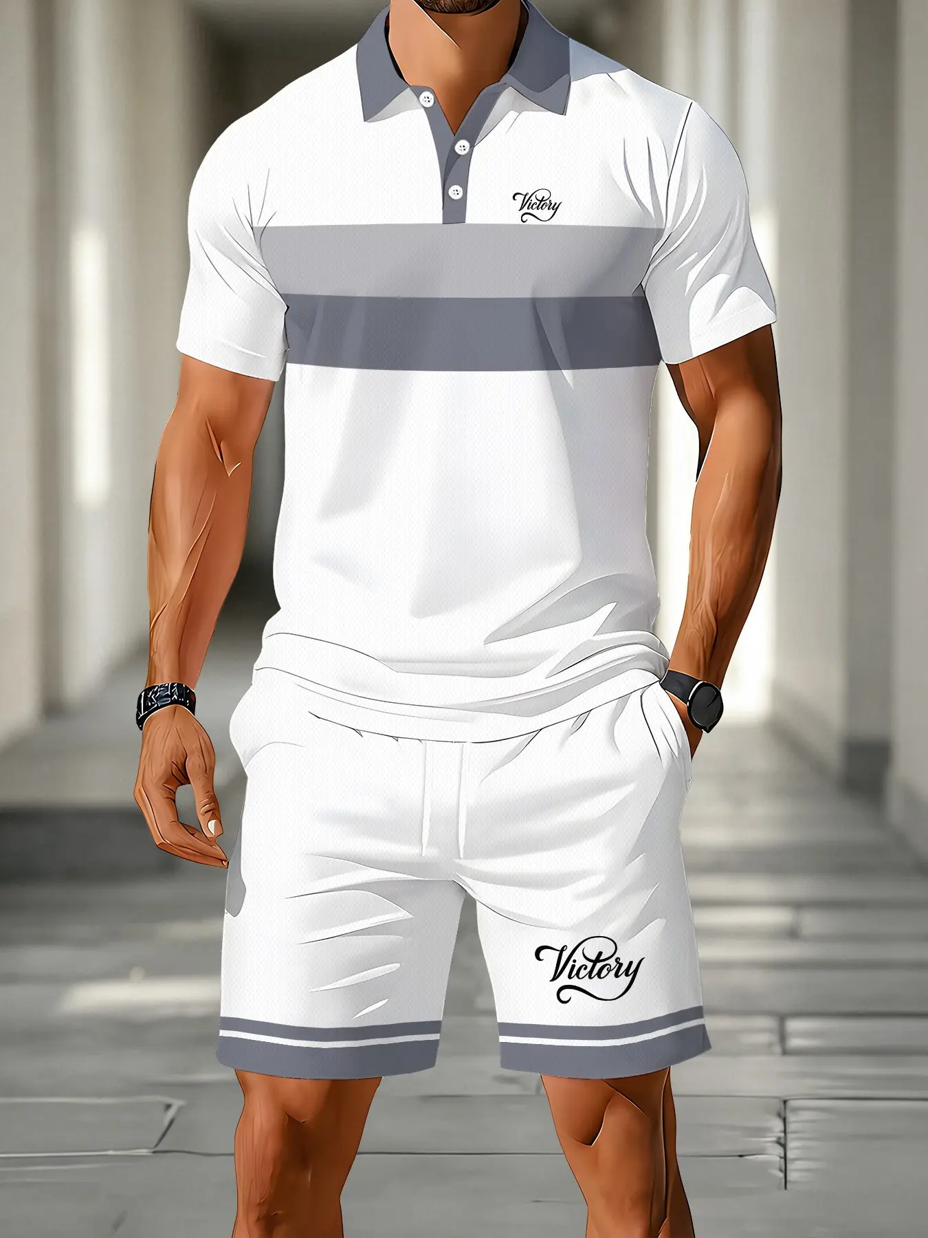 Men's Polo Shirt and Shorts Set, Summer Casual Sport Two-Piece, Simple Striped Design, Fashionable and Comfortable